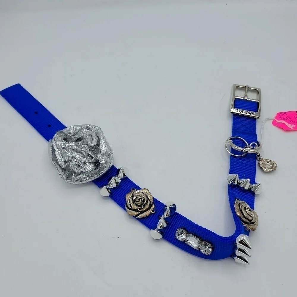 Top Paw Customized Dog Collar TALK TO THE PAW Blue Silver Flower Bling S…
